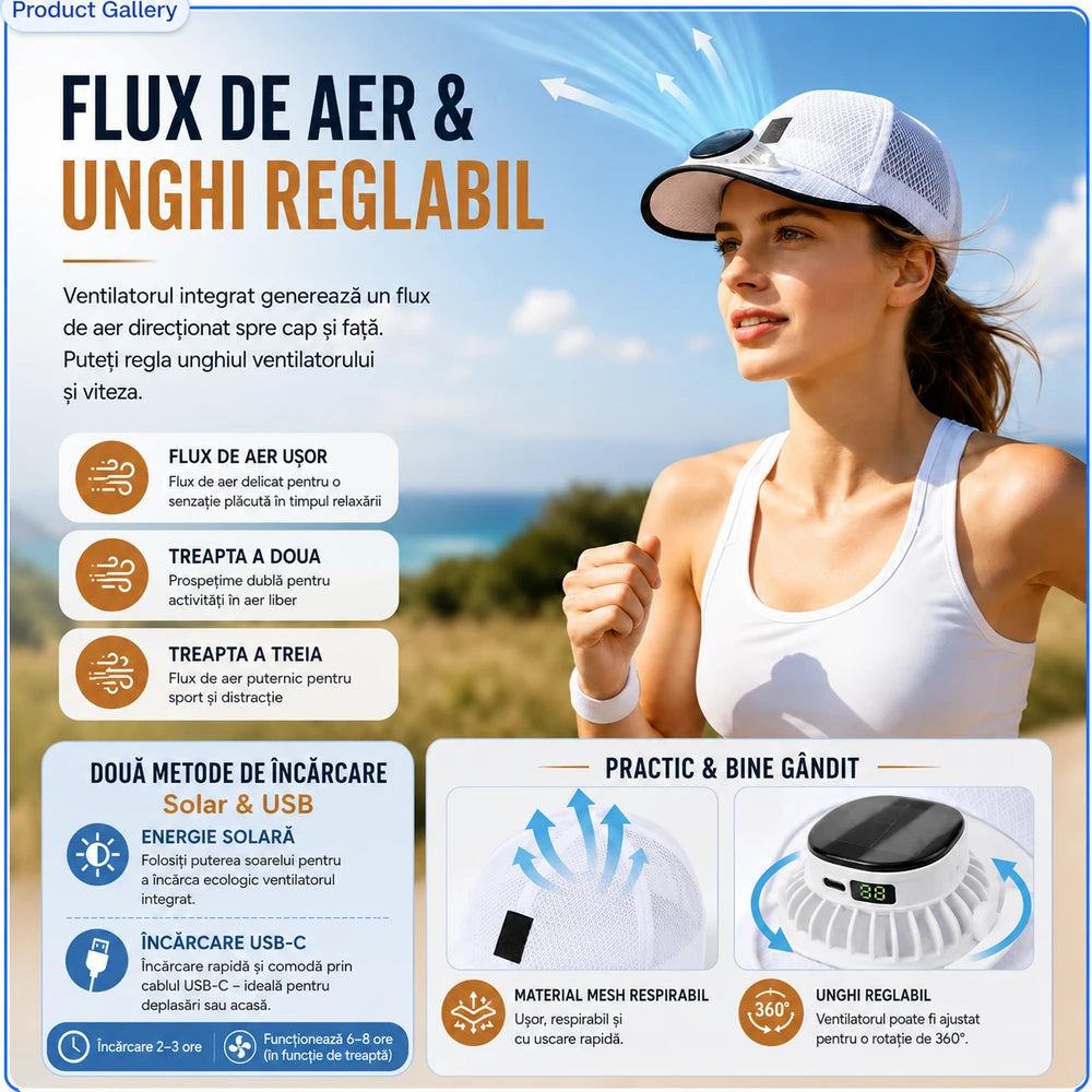 Șapcă cu Ventilator Solar - Reîncărcabil USB