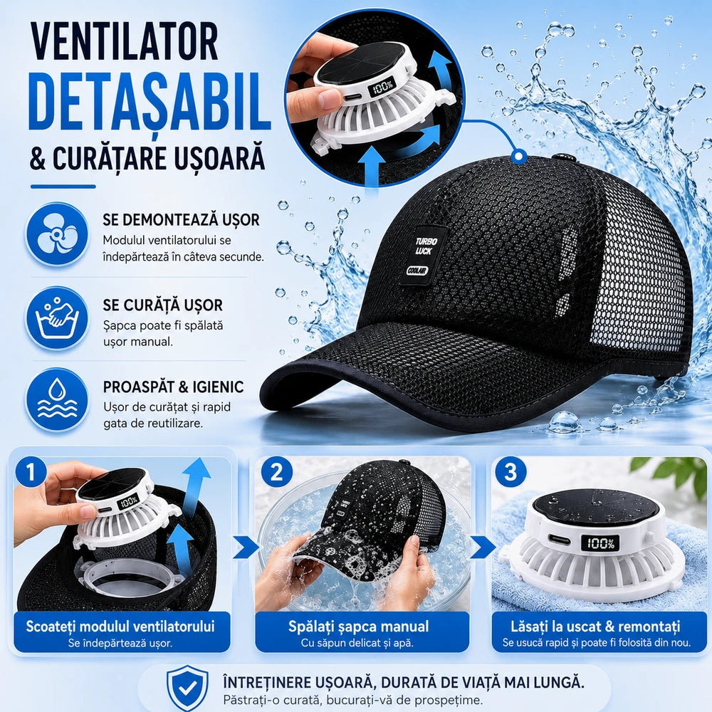 Șapcă cu Ventilator Solar - Reîncărcabil USB