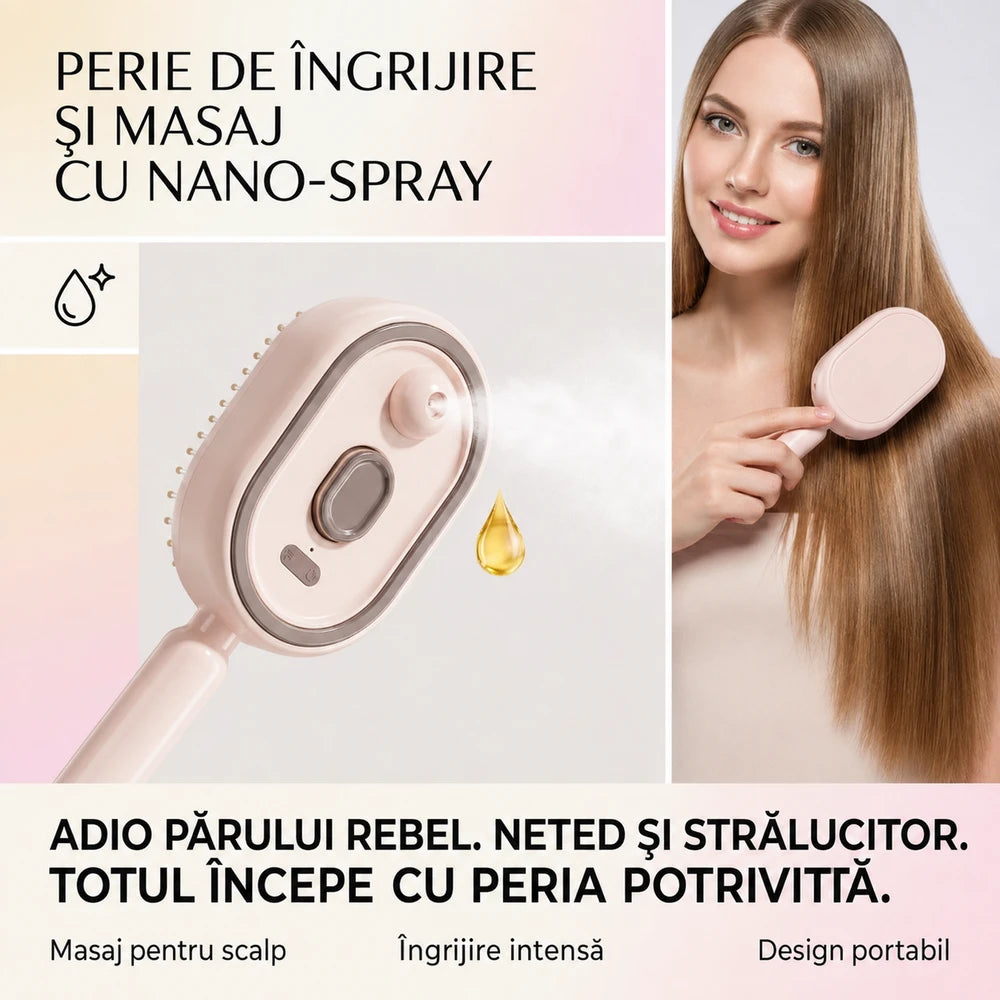 Perie 3-în-1 cu Spray pentru Ulei Esențial și Masaj al Scalpului