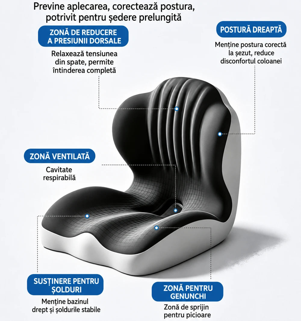 Pernă ergonomică pentru șezut cu spătar și suport lombar - 2 in 1