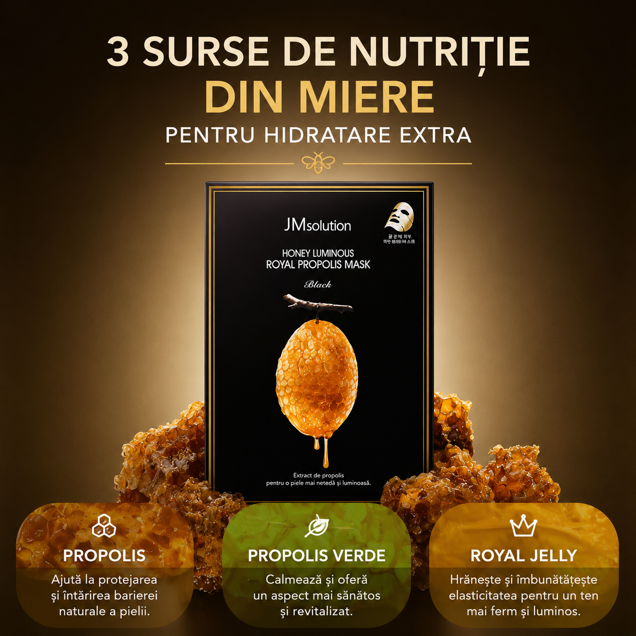 Mască Coreeană cu Propolis și Venin de Albine – Hidratare și Luminozitate Intensă (SET 10 BUCATI)