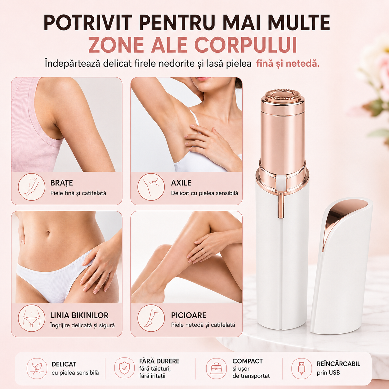 Epilator Facial Electric Painless – Reîncărcabil USB, cu LED, Îndepărtare Fără Durere a Părului Facial și Corporal